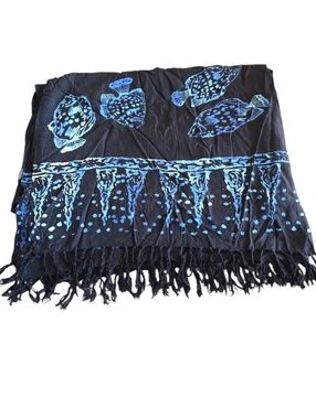 Black Koko Knot Sarong Blue Fish Fringed Rayon Skirt  Beach Cover Wrap